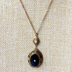 Antique Victorian Edwardian Gilt Onyx Or Whitby Jet Seed Pearl Pendant Necklace